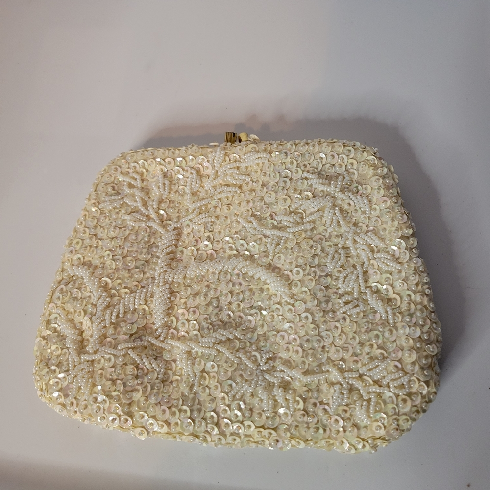 Vintage Beaded Sequin Pearl Cream Clutch/ Mini Bag - Beautiful